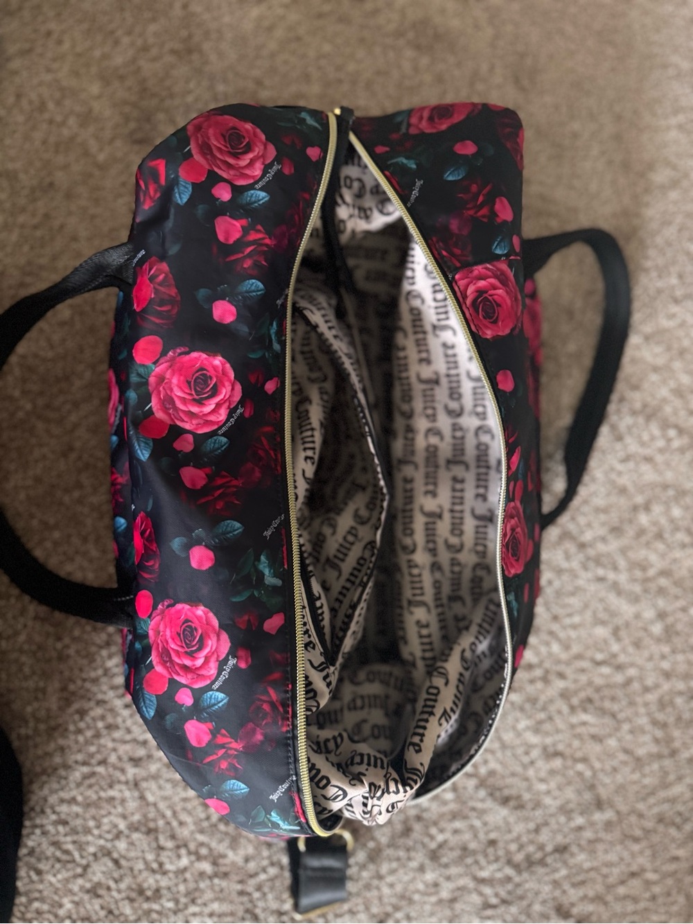 Juicy Couture Black Shoulder Tote with Pink Rose Print - Picture 2 of 4